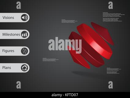 3D illustration infographic template with motif of two cylinders between two cones askew arranged with simple sign and sample text on side in bars. Da Stock Vector