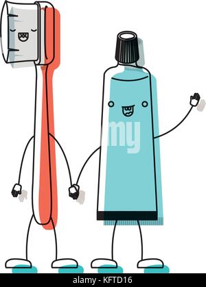toothbrush and toothpaste in cartoon holding hands in colorful ...
