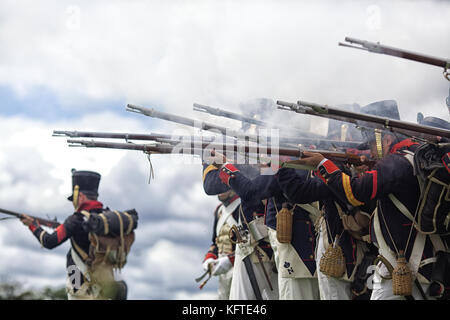 21st eme Regiment de Ligne on the battlefield of a Napoleonic war reenactment Stock Photo