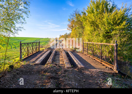 Steel girder bridge remaining on disused / removed railway line - France. Stock Photo