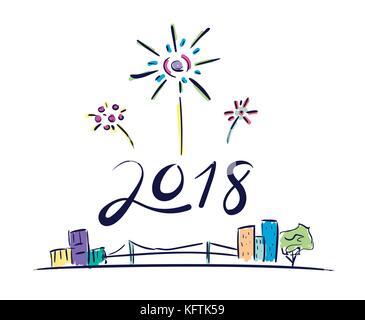 Vector of 2018 new year number firework floating over cityscape in doodle cartoon style,Holiday celebration concept. Stock Vector