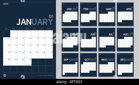 Vector of 2018 new year calendar set in clean minimal table simple style and navy blue color,Holiday event planner,Week Starts Sunday,A4 vertical size Stock Vector