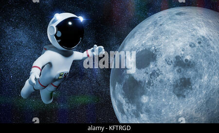 cartoon astronaut character in white space suit is performing a space walk in orbit of the Moon (3d illustration) Stock Photo