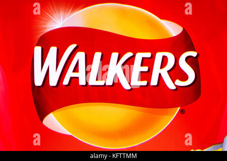 LONDON, UK - OCTOBER 10TH 2017: A close-up of the Walkers logo on a pack of Ready Salted crisps, on 10th October 2017. Stock Photo