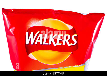 LONDON, UK - OCTOBER 10TH 2017: A close-up of the Walkers logo on a pack of Ready Salted crisps, on 10th October 2017. Stock Photo