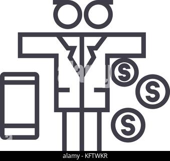 multi tasking man with money vector line icon, sign, illustration on background, editable strokes Stock Vector