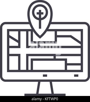 navigation monitor with map vector line icon, sign, illustration on background, editable strokes Stock Vector