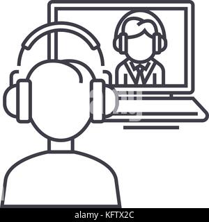 online interview,study,school vector line icon, sign, illustration on background, editable strokes Stock Vector