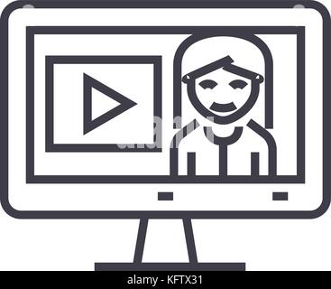 online tutorials,education in monitor vector line icon, sign, illustration on background, editable strokes Stock Vector