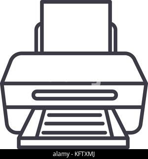 printer with paper vector line icon, sign, illustration on background, editable strokes Stock Vector