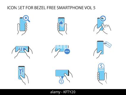 Vector icon set of hand holding frameless smartphone in different positions with app symbols for like, dislike, streaming, online banking, new, synchr Stock Vector