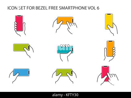 Vector icons for hand holding modern frameless smartphone in different positions. Stock Vector