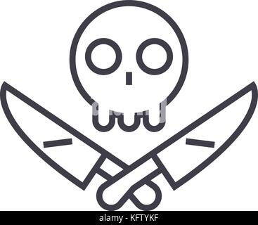 scull with knifes vector line icon, sign, illustration on background, editable strokes Stock Vector