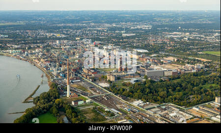 Chemical plant Bayer AG, LANXESS Aktiengesellschaft, chemical plant on the Rhine, the casino of Bayer AG, Leverkusen, Rhineland, North Rhine-Westphali Stock Photo