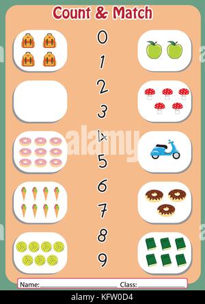 count and match number activity, Number matching activity worksheet for preschool Stock Vector