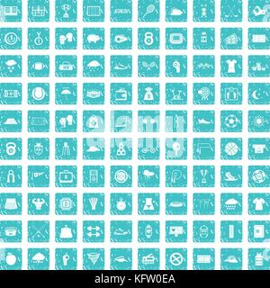 100 tennis icons set grunge blue Stock Vector