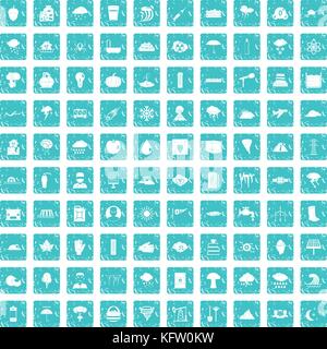 100 thunderstorm icons set grunge blue Stock Vector