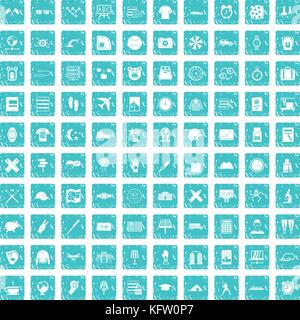 100 time icons set grunge blue Stock Vector