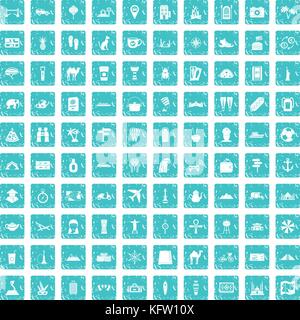 100 tourism icons set grunge blue Stock Vector