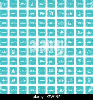 100 transportation icons set grunge blue Stock Vector