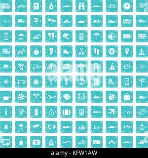 100 travel icons set grunge blue Stock Vector