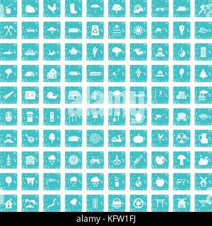 100 tree icons set grunge blue Stock Vector