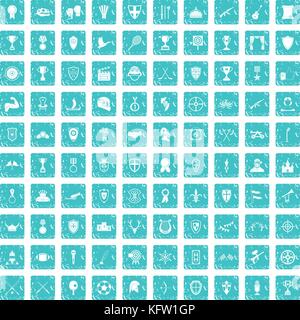 100 trophy and awards icons set grunge blue Stock Vector
