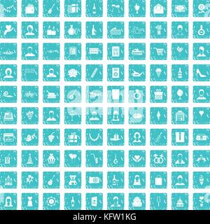 100 birthday icons set grunge blue Stock Vector