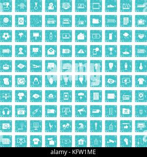 100 TV icons set grunge blue Stock Vector