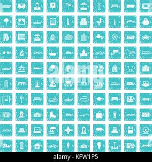 100 urban icons set grunge blue Stock Vector