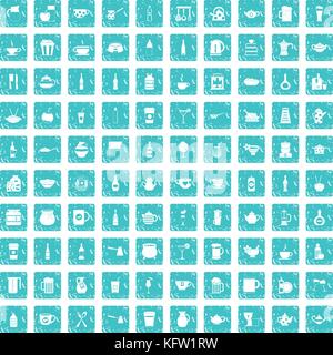 100 utensil icons set grunge blue Stock Vector