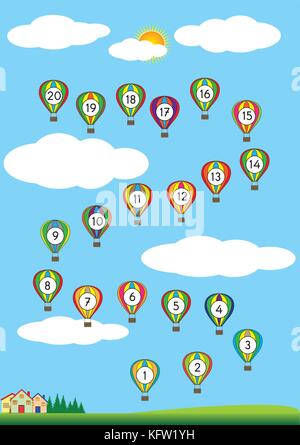 Numbers 1-20, printable, Exercises Worksheet for kids Stock Vector Art