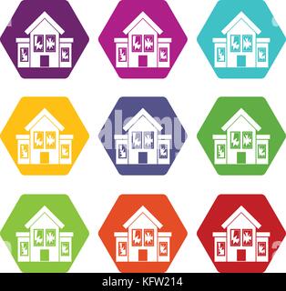 House with broken windows icon set color hexahedron Stock Vector