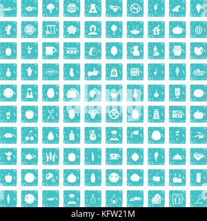 100 vegetarian cafe icons set grunge blue Stock Vector