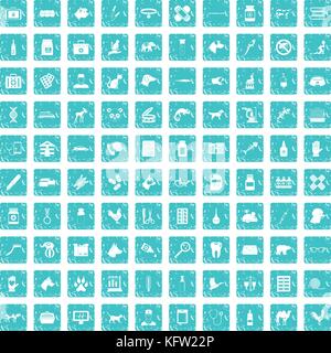 100 veterinary icons set grunge blue Stock Vector