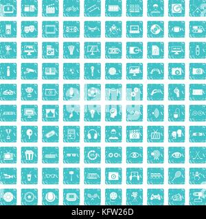 100 video icons set grunge blue Stock Vector