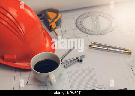 Architect concept, Architects working with blueprints in the office, Vintage Effect Stock Photo