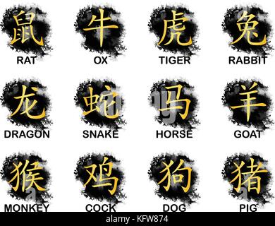 Twelve Golden Chinese word symbol of Zodiac calendar on Black watercolor background for vector graphic design concept Stock Vector