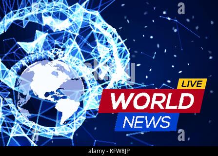 Breaking News Banner on Blue Glowing Plexus Structure Background with Earth Planet America Flares, Particles. World News on Abstract Geometric Network with American map. Technology Vector Illustration Stock Vector