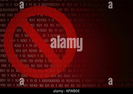 Red binary computer code ransom screen background with stop symbol sign. Stock Photo