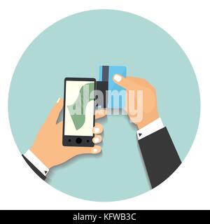 Flat design style vector illustration. Smartphone with processing of mobile payments from credit card. Communication technology concept. Isolated on g Stock Vector
