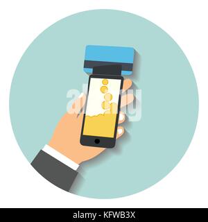 Flat design style vector illustration. Smartphone with processing of mobile payments from credit card. Communication technology concept. Isolated on g Stock Vector