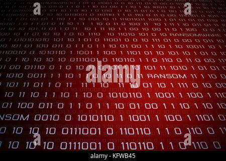 Hacked monitor.  Ransomware. Binary digital numbers on red screen with ransom word on screen. Stock Photo