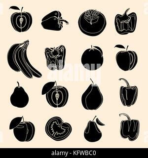 Set vector silhouettes of fruits and vegetables Stock Vector