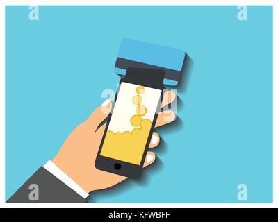 Flat design style vector illustration. Smartphone with processing of mobile payments from credit card. Communication technology concept. Isolated on b Stock Vector
