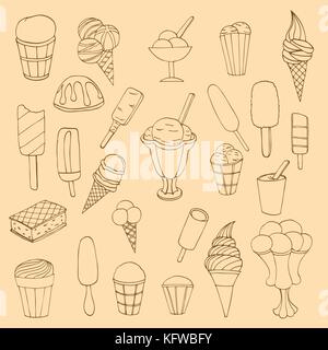 Collection of cute vector hand drawn cartoon ice cream. Cones and ice creams with different flavours made in doodle style. Stock Vector