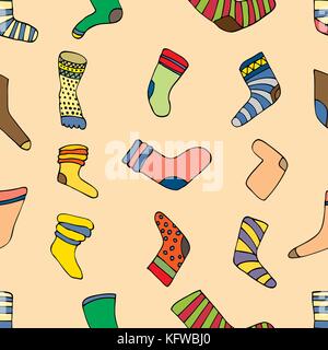 Seamless pattern with different doodle hand drawn socks on chevron background. Bright doodle geometrical tiling pattern. Stock Vector
