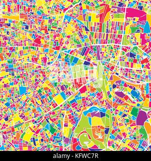 Tokyo, Japan, colorful vector map.  White streets, railways and water. Bright colored landmark shapes. Art print pattern. Stock Vector