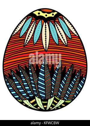 Beautiful easter egg on white background. Hand drawing doodle flowers on egg. Stock Vector
