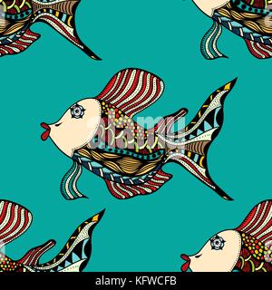 Seamless Zentangle fish background. Vector illustration image Stock Vector